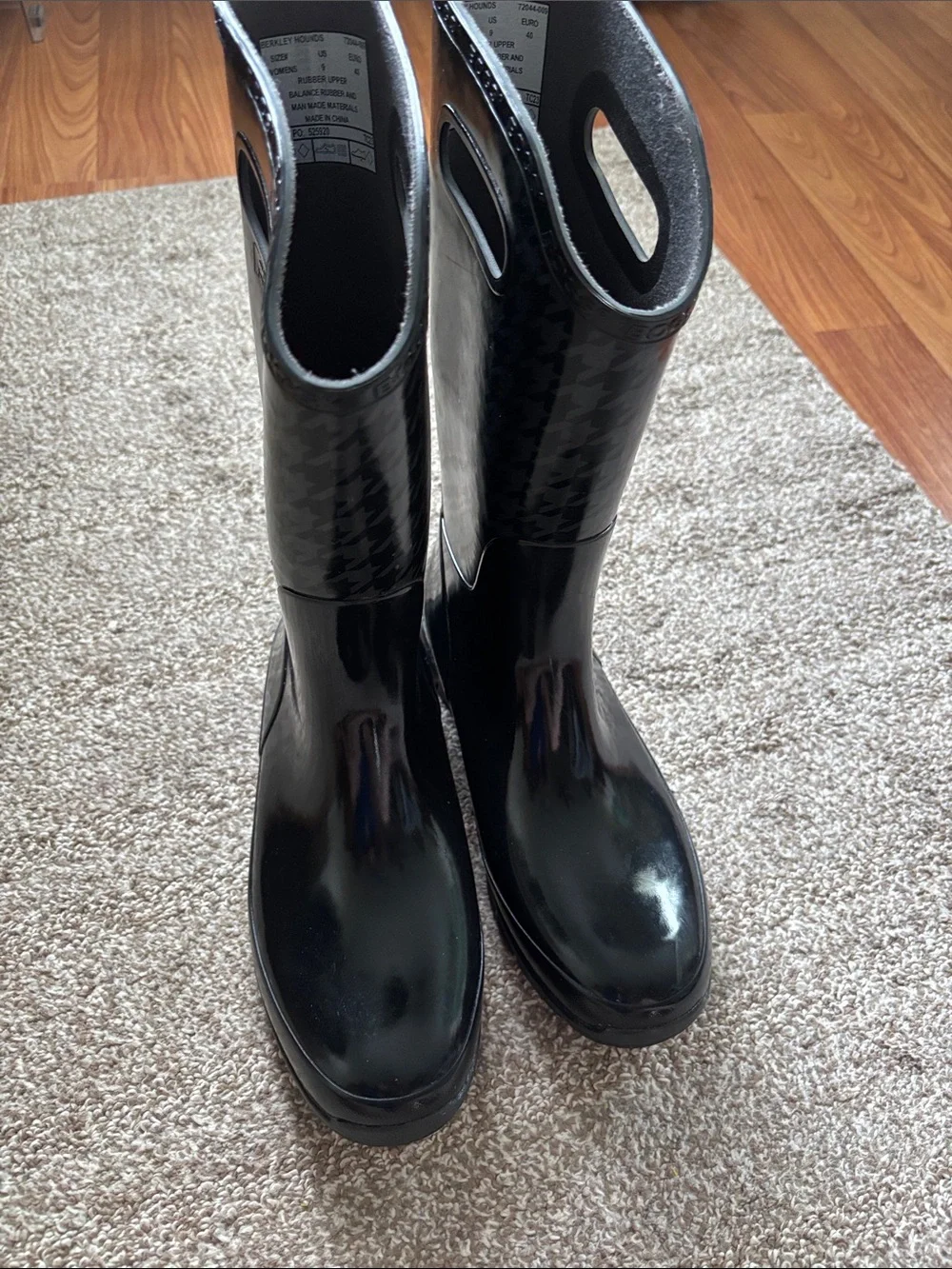 Women’s Bogs Black Gloss Rain Boots with Houndstooth Texture